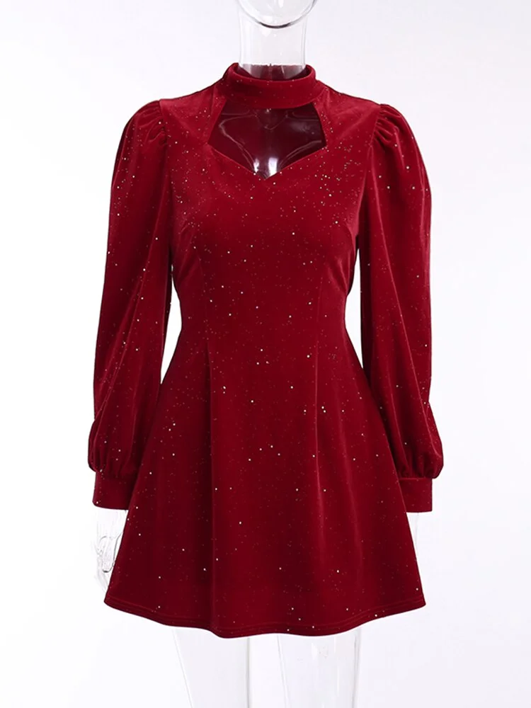 WannaThis Velvet Women Party Dress Bright Hollow Out Folds Shrug Elegant Fashion Sexy Chic Christmas Mini Dress For New Year2022