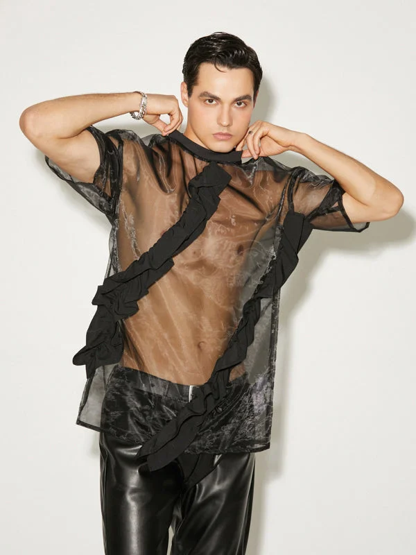 Aonga - Mens Sheer Mesh See-Through Ruffle Patchwork T-ShirtJ