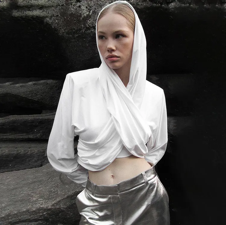 Churchf Churchf New Fashion Long Sleeve Cross Strap Design Sense Hood Crop Slim Top T-Shirt Women