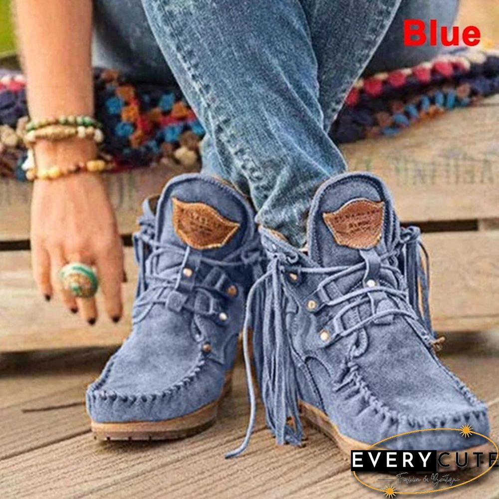 HOT Trend Fashion Faux Leather Tassel Boots for Women Short Platform Boots High Top Martin Boots Vintage Chunky Low Heel Short Boot Ankle Booties Flat Boots Autumn Winter Shoes for Female Plus Size
