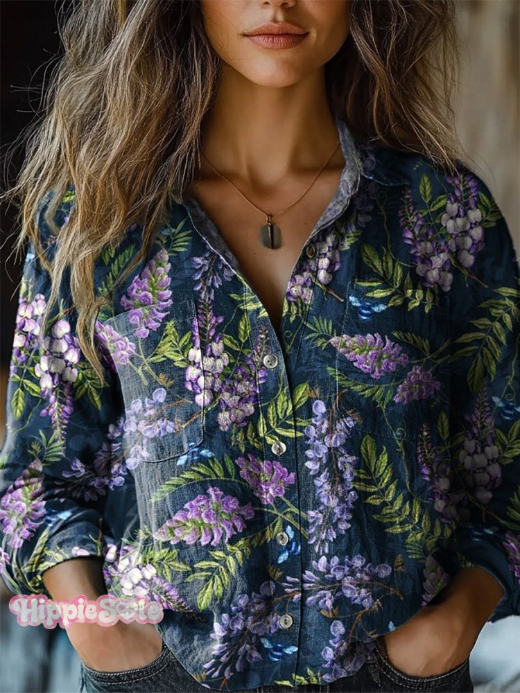 Lavender Repeat Pattern Printed Women’s Casual Long Sleeve Comfortable Cotton Shirt Multicolor / S
