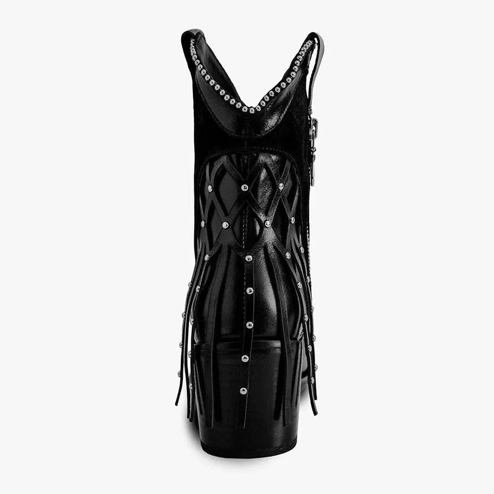 Black Studded Fringe Block Heel Zipper Ankle Western Boots for Women