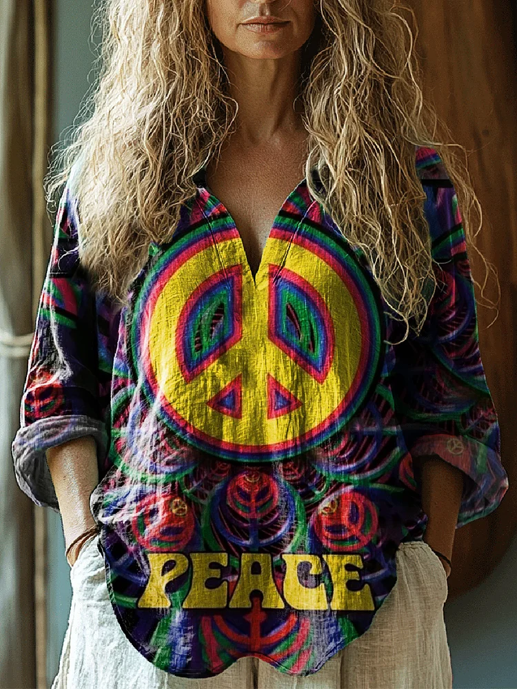 Women's Peace Hippie Graphic Art Print Casual Linen V-neck Shirt