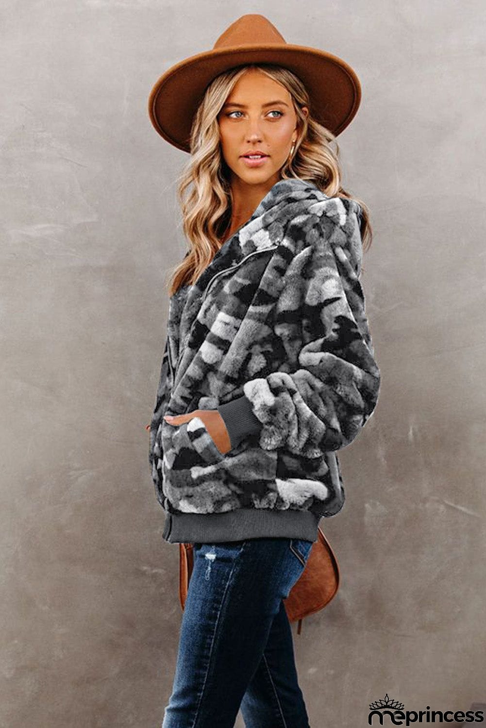 Camo Print Zipper Fleece Hooded Coat with Pockets