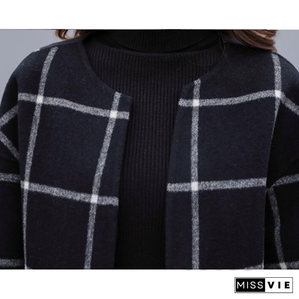 Autumn Winter Black Woolen Plaid Two Piece Sets Outfits Women Short Jacket Coat Wide Leg Pants Suits Elegant Fashion Office Sets