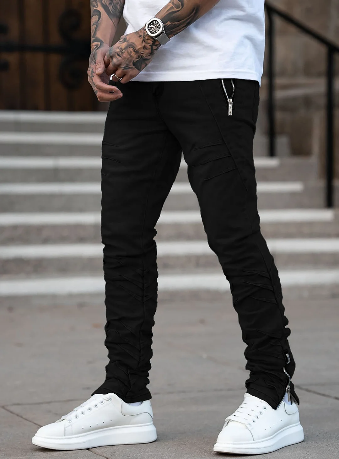 Wrinkled Track Jeans in Jet Black