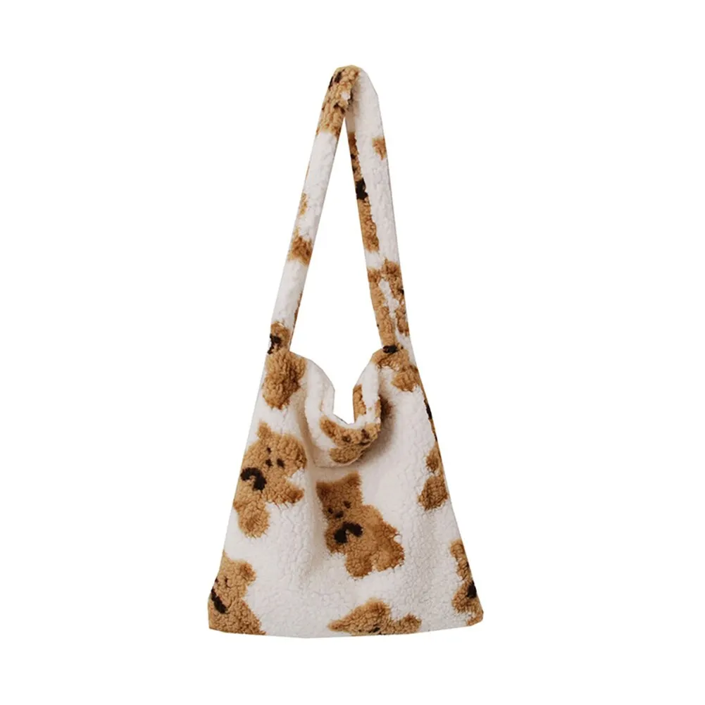 Fashion Exquisite Shopping Bag Cute Bear Print Top-handle Bag Female Autumn Fashion Plush Tote Shoulder Handbag