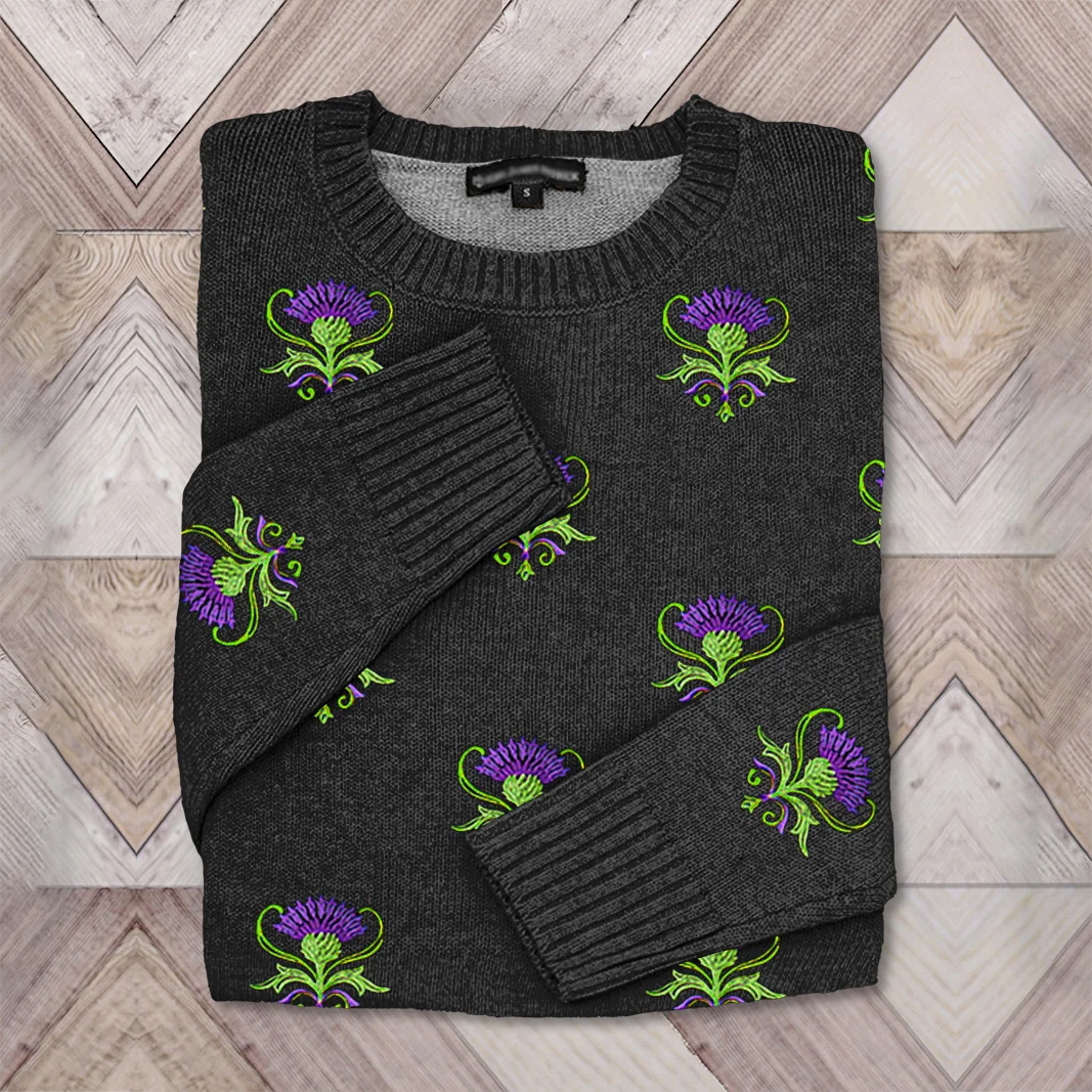 Scotland Thistle Embroidery Cozy Knit Sweater