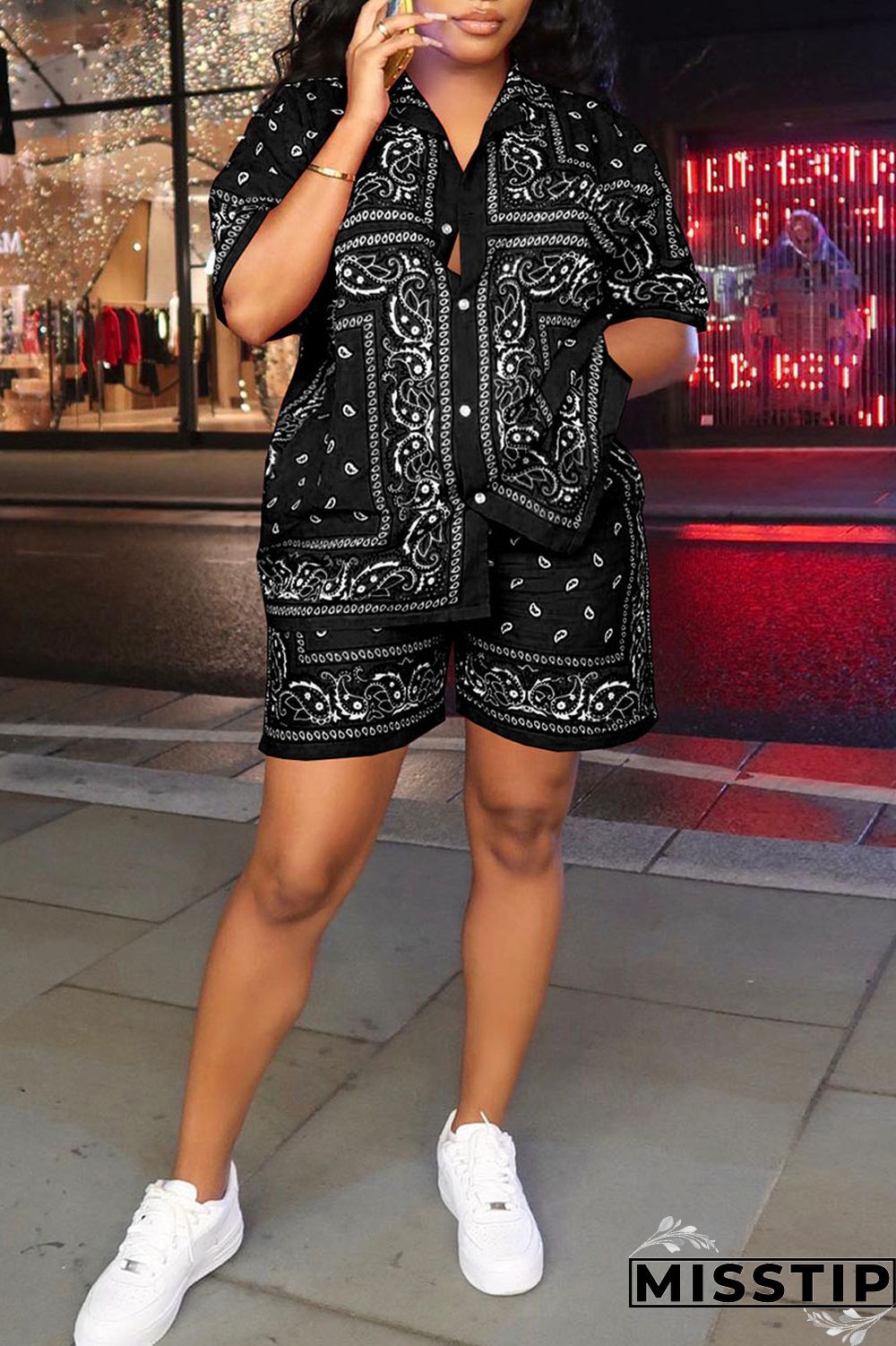 Yellow Casual Print Patchwork Buckle Turndown Collar Short Sleeve Two Pieces