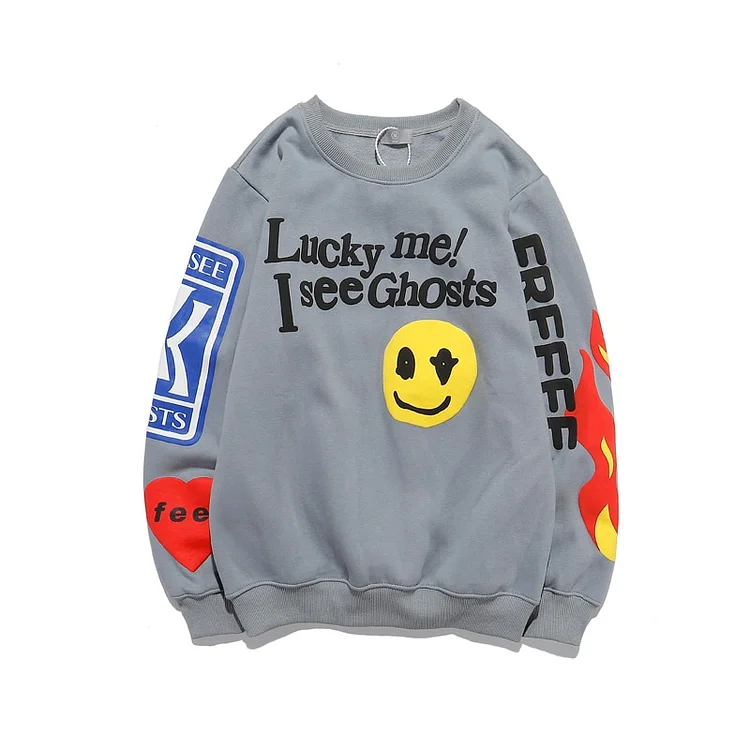 Smiley Flame Print Round Neck Sweatshirts Men Streetwear Fleece Hoodie Pullover-VESSFUL