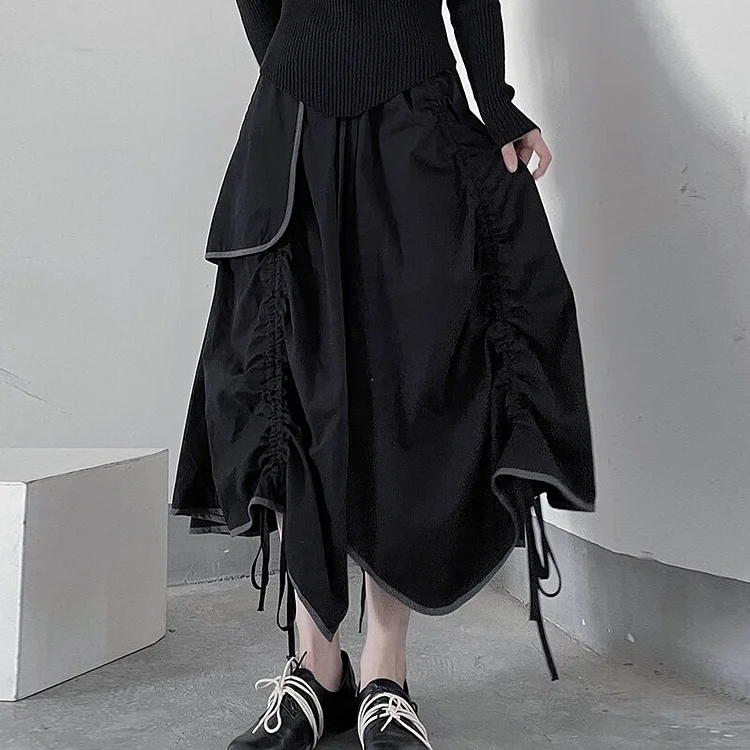 Fashion Loose Solid Color Patchwork Drawstring Folds Skirt        