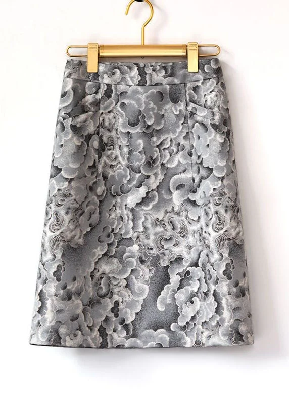 Unique Grey High Waist Jacquard Silk A Line Skirts Spring