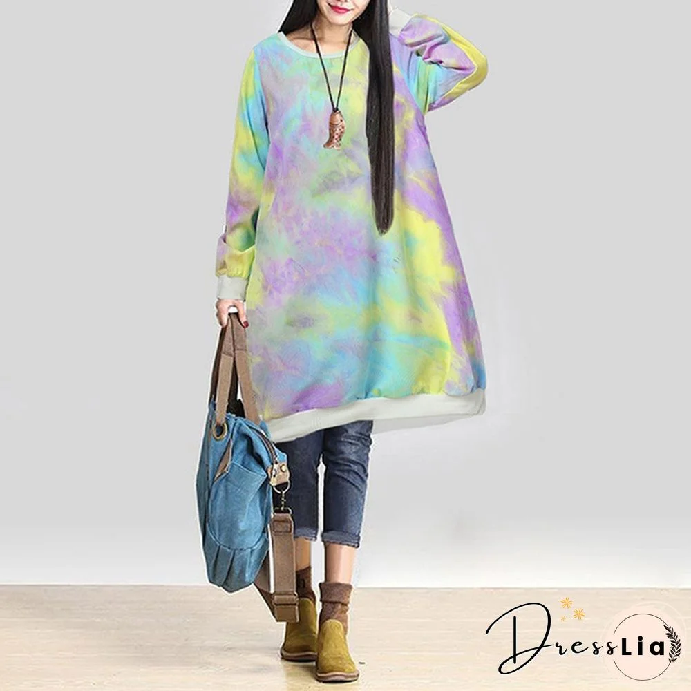 Autumn Winter Women Printed Midi Dress Tunic Long Sleeve Pockets Warm Vintage Casual Loose Long Sweatshirt Dress Plus Size