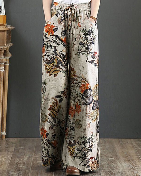 Casual Floral Printed Linen Fabric Spring New Popular Designer Ladies Loose Pants - Chicaggo