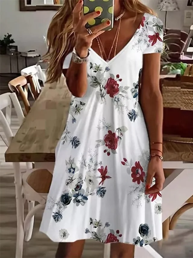 Women's Floral Ruffle Hem V Neck Mini Dress Cute Daily Short Sleeve Summer