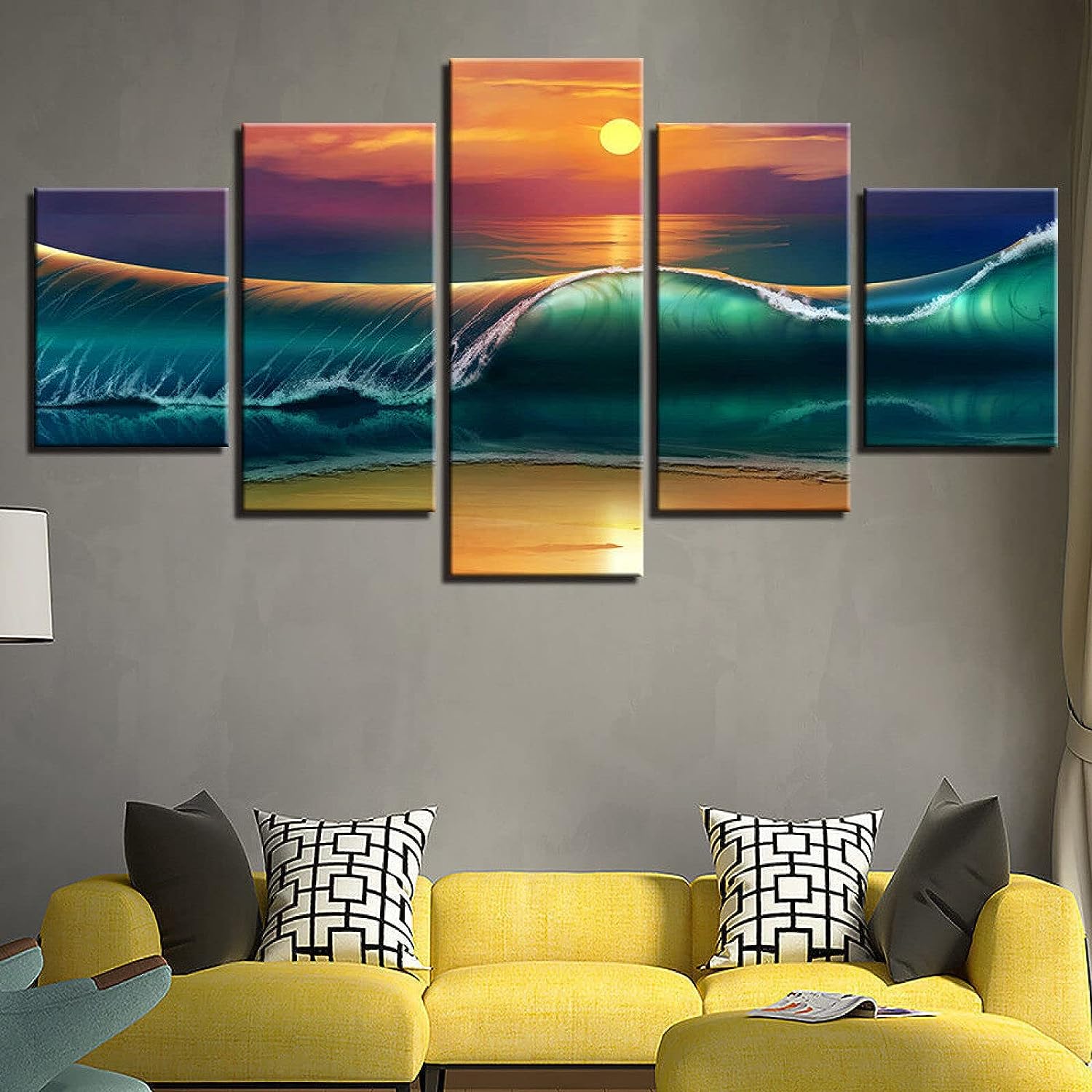 GUOGUAN 5 Panel Framed Canvas Print Modern Wall Art Home Decor Prints Paintings Living Room XXL Large Beach Sunset Huge Waves Seascape Abstract Hd Poster Artwork Hallway Creative Gift