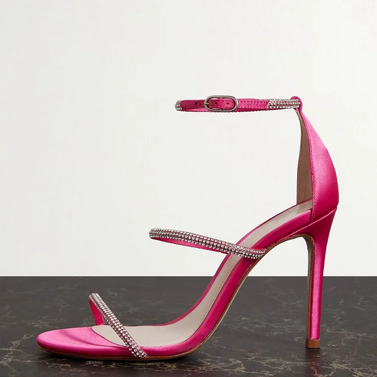 Hot Pink Satin Heels Elegant Open Toe Rhinestone Sandal Wedding Stiletto Shoes |FSJ Shoes