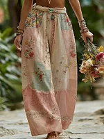 Women's Rose Floral Patchwork Casual Resort Linen Blend Pants