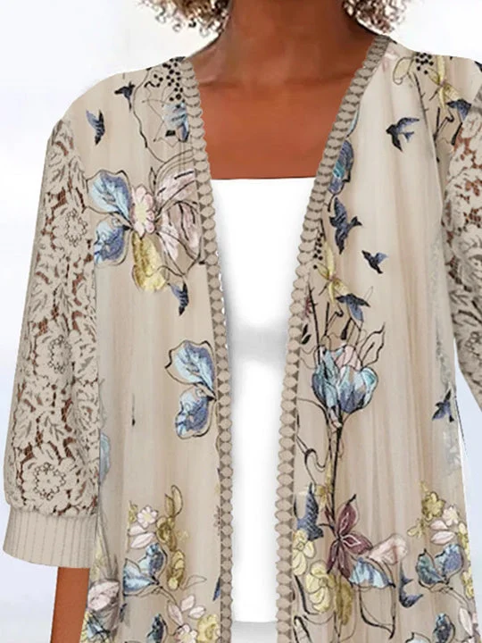 Women 3/4 Sleeve Scoop Neck Floral Printed Graphic Lace Cardigan Coats