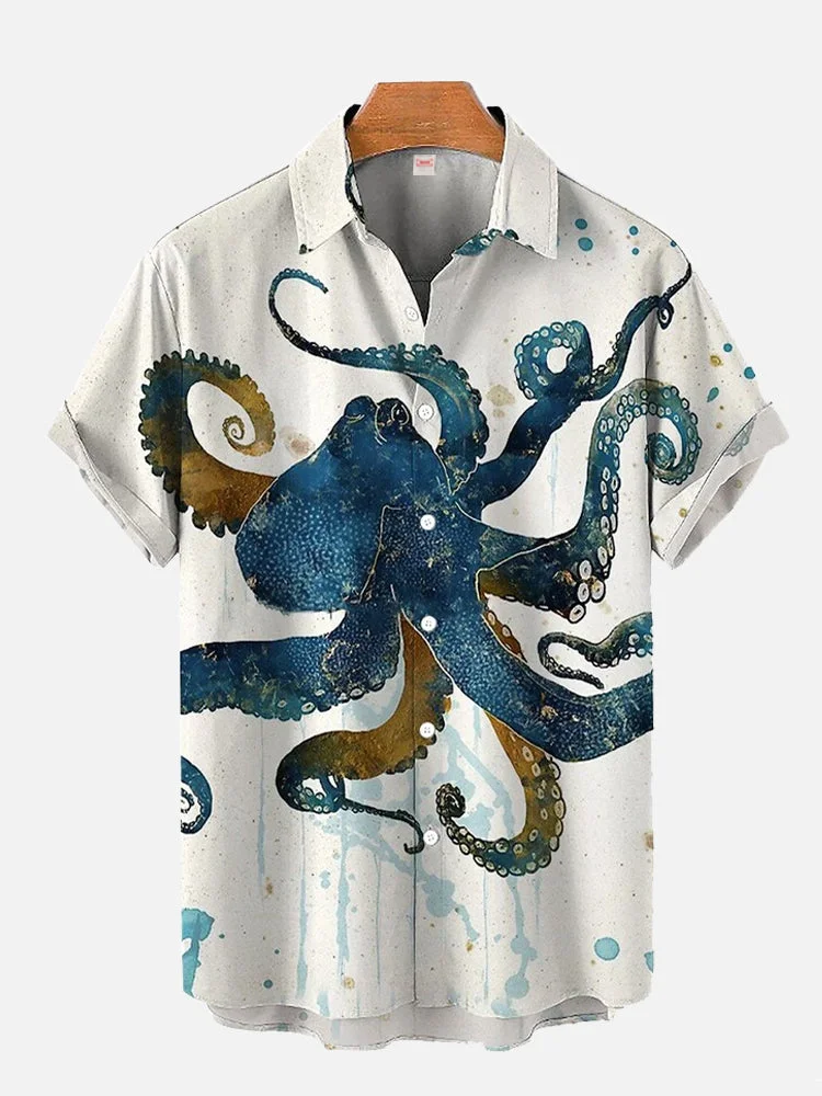 Indigo Ocean Large Blue Octopus Water Stain Printing Short Sleeve Shirt socialshop