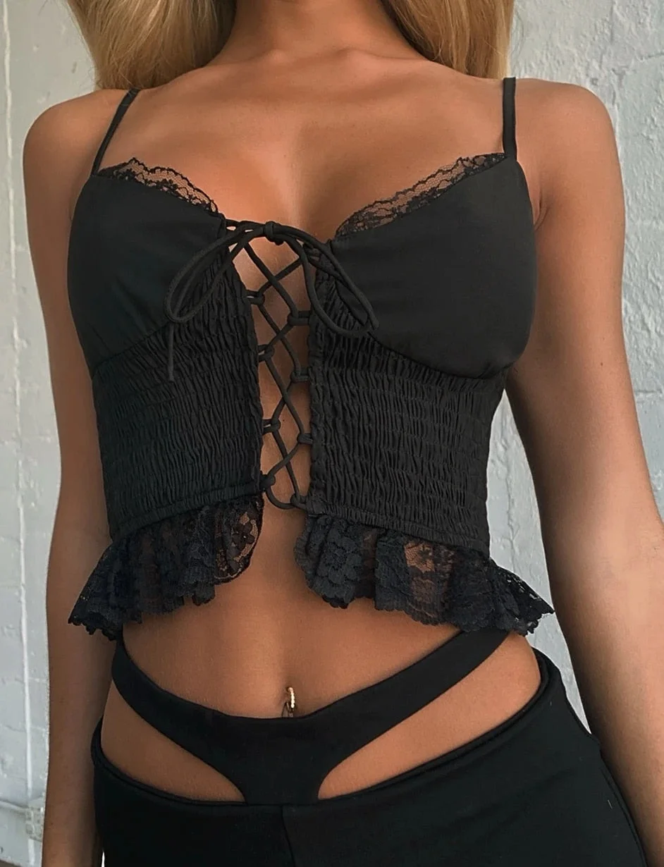 Lace-Up Front Camisoles Women's Spaghetti Straps Crop Tops Summer Lace Floral Ruffles Vest Sexy Club Backless Slim Camis