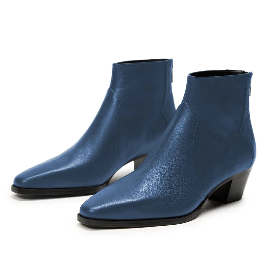 Ladies Vegan Leather Back-Zip Block Heel Ankle Boots in Navy Blue