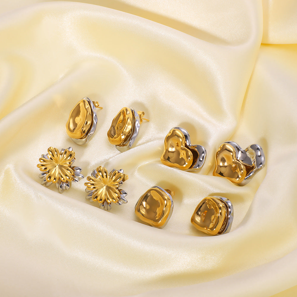 Retro Simple Irregular Texture Gold Geometric Love Flower Earrings Stainless Steel Earrings