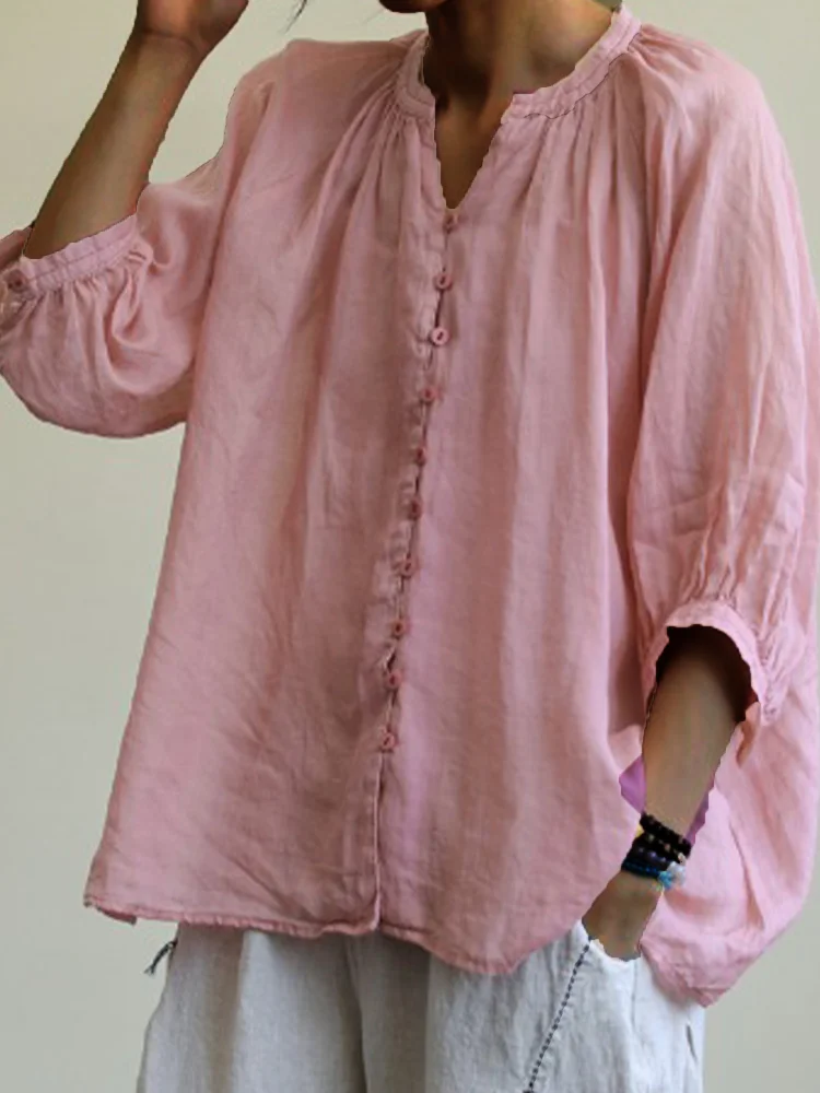 Women's Cotton Linen V-Neck Long Sleeve Shirt-mysite