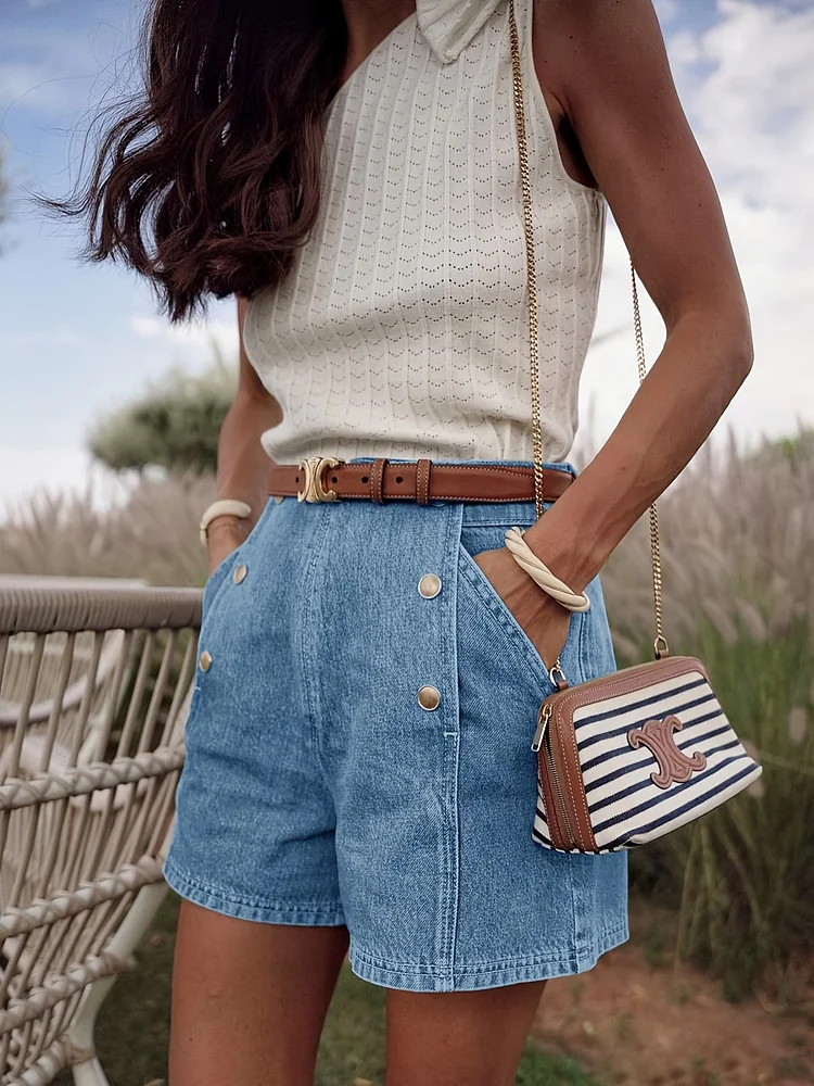 Women's Denim Shorts High Waisted Casual Summer Loose Vintage Double Breasted Jean Shorts With Pocket
