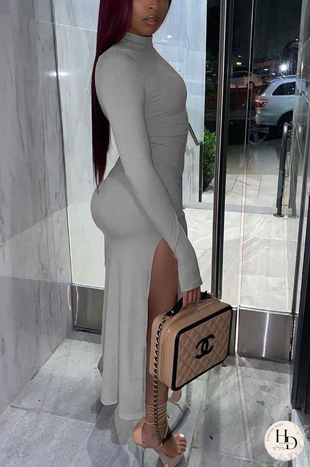 Black Sexy Solid Slit Turtleneck Long Sleeve Ankle Length Long Sleeve Dress Dresses