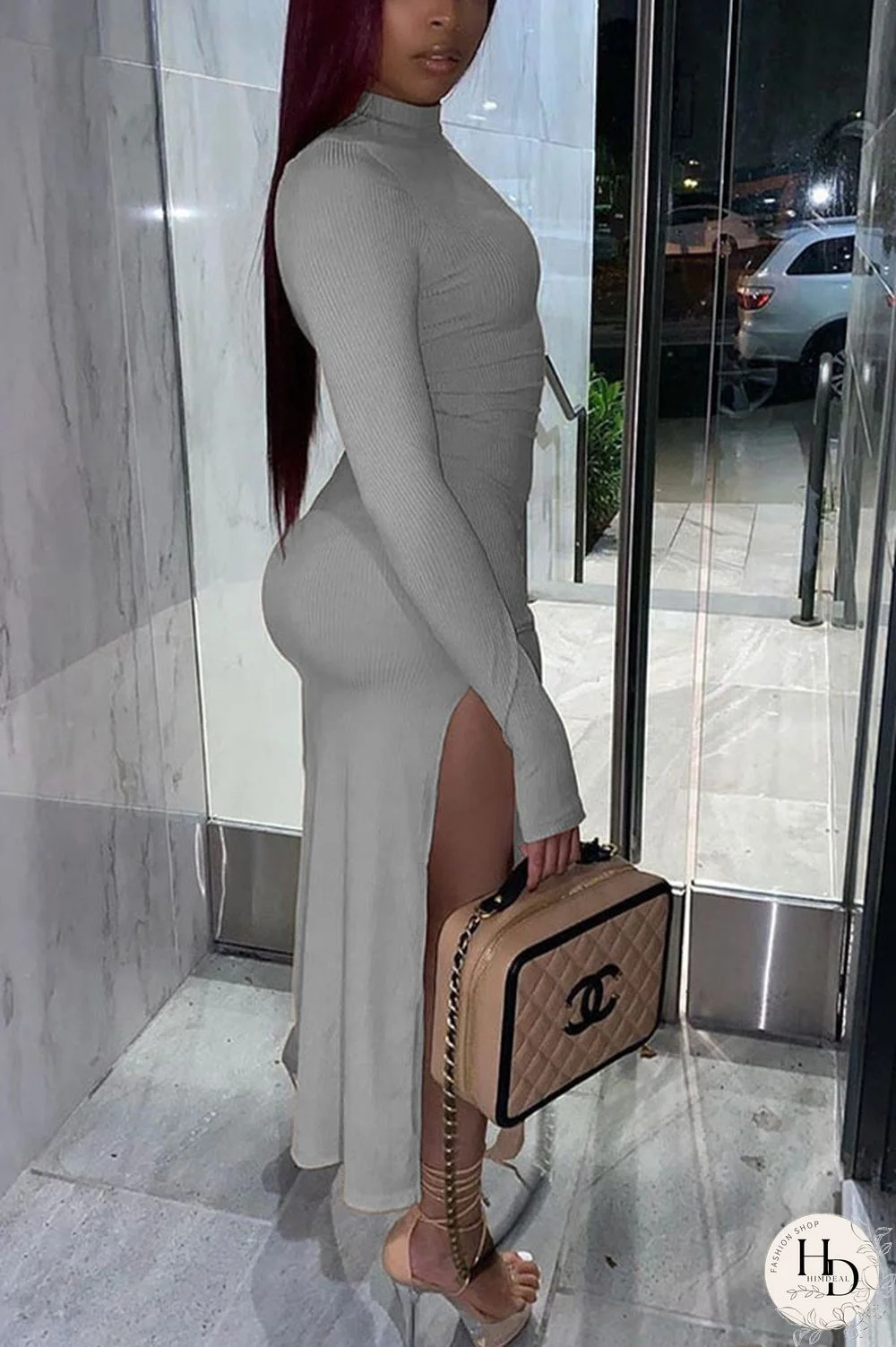 Black Sexy Solid Slit Turtleneck Long Sleeve Ankle Length Long Sleeve Dress Dresses