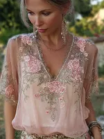 Classy Pink Roses Glitter Embroidered Flowy Linen Tunic