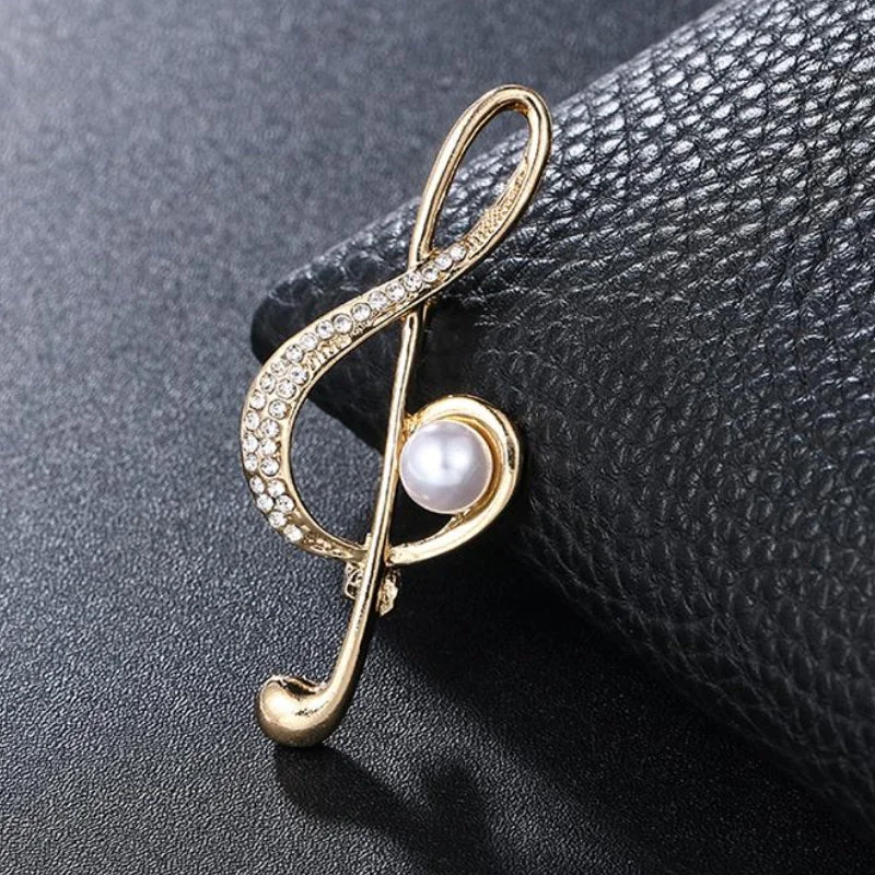 Elegant Rhinestones and Pearl Adorned Musical Signs Brooch Pins