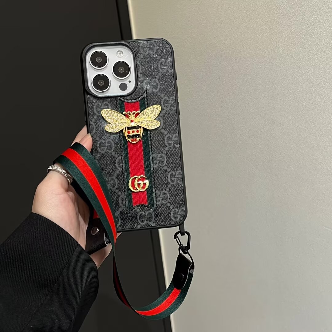 Gucci Ribbon Hand Rope 3D Bee Ophidia GG Apple iPhone16 ~11 Case Samsung Cover