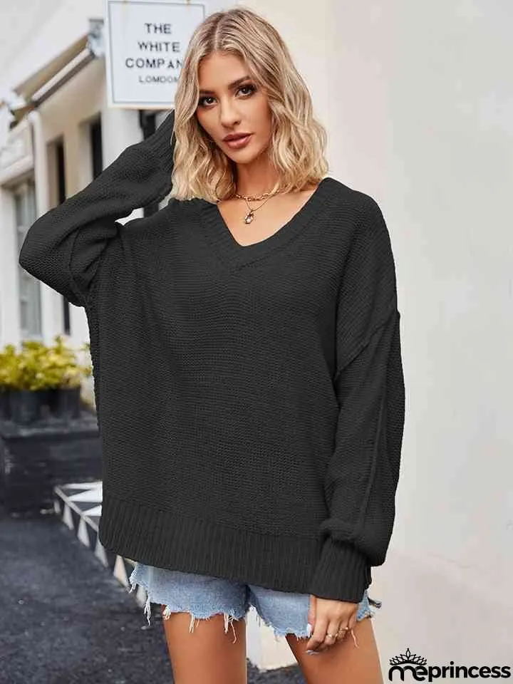 V-Neck Ribbed Dropped Shoulder Knit Top