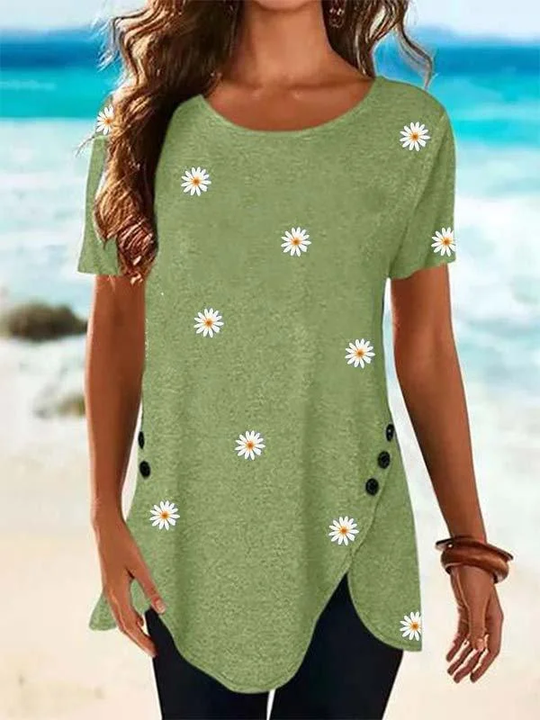Floral-print Crew Neck Short Sleeve Casual Shirts & Tops