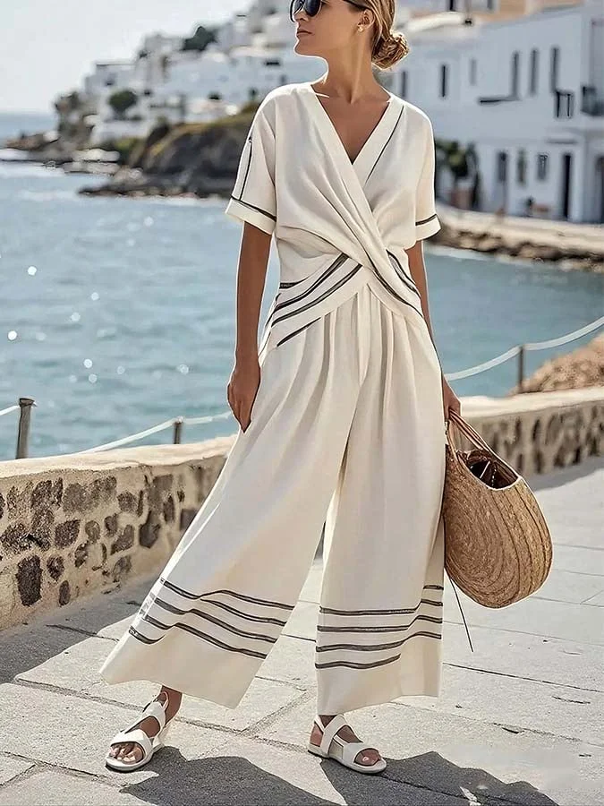 Women'S Loose Striped Wide Leg Pants Suit 