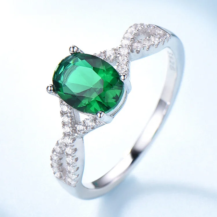 Infinity Oval Emerald Ring with Diamond In Sterling Silver