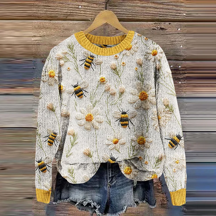 Gestrickter Pullover mit Gänseblümchen-Bienen-Stickerei und Kunstdruck