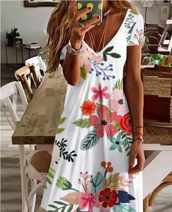 New Women's Floral Causal Dress V-Neck A Line Mini Dress