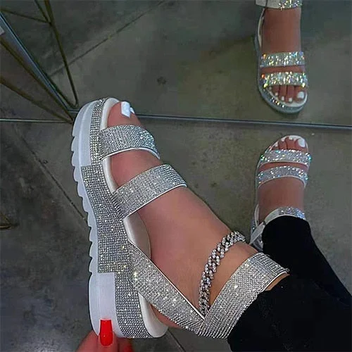 Back to college 2022 Women's Bling Glitter Sandals Female Ankle Buckle Flat Platform Ladies Non Slip Outdoor Shoes Woman Beach Footwear Big Size