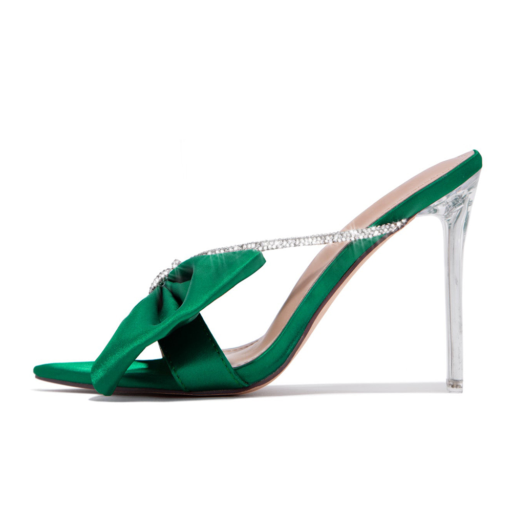 Green Satin Pointed Toe Stiletto Heel Rhinestone Mules with Bow Nicepairs