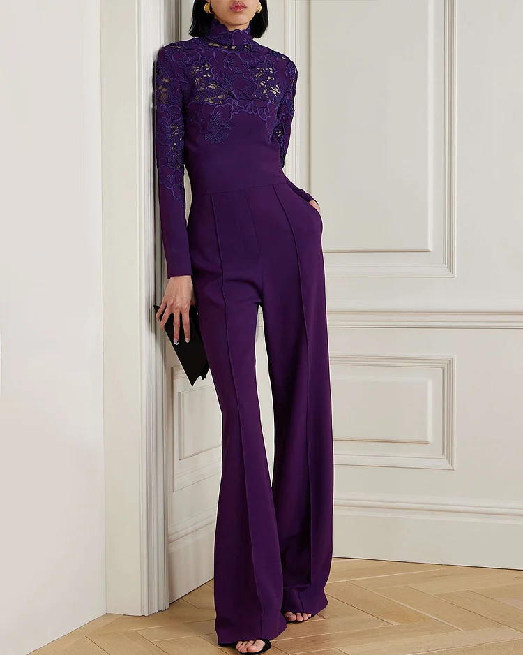 Lace-trimmed embroidered crepe jumpsuit 