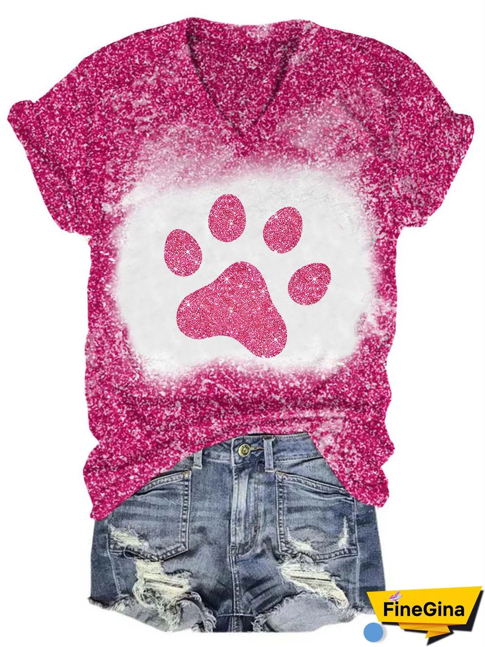 Glitter Dog Paw Print Casual T-Shirt