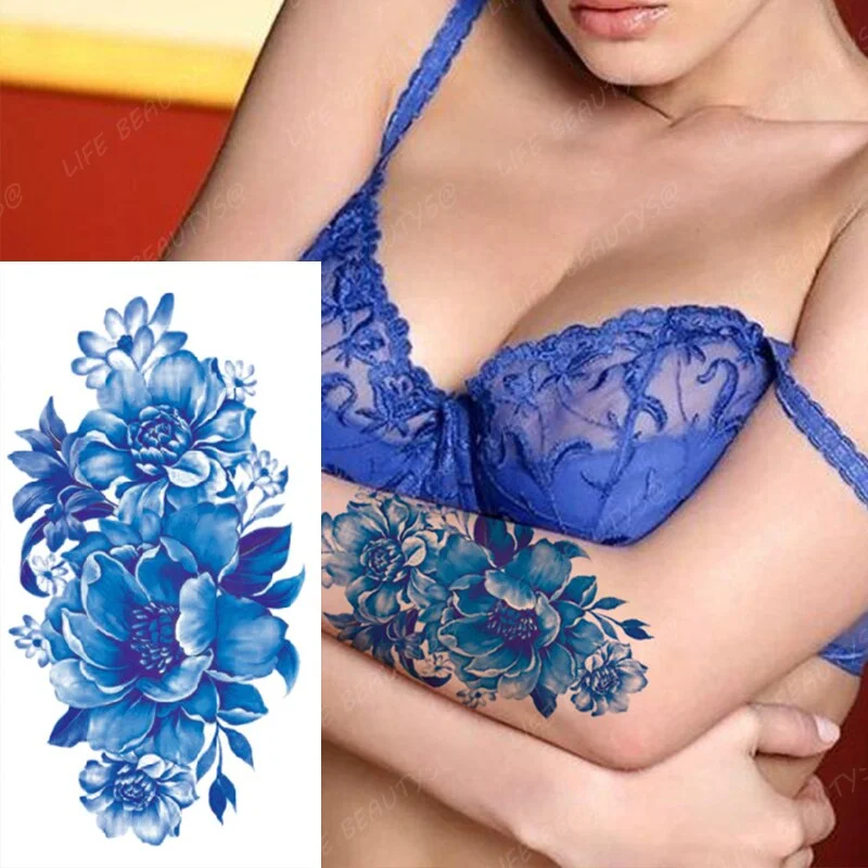 Sdrawing Temporary Flower Tattoos Women Fashion Beauty Rose Butterfly Flash 3D Fake Tattoo Arm Sleeve Pink Blue Sticker Girl