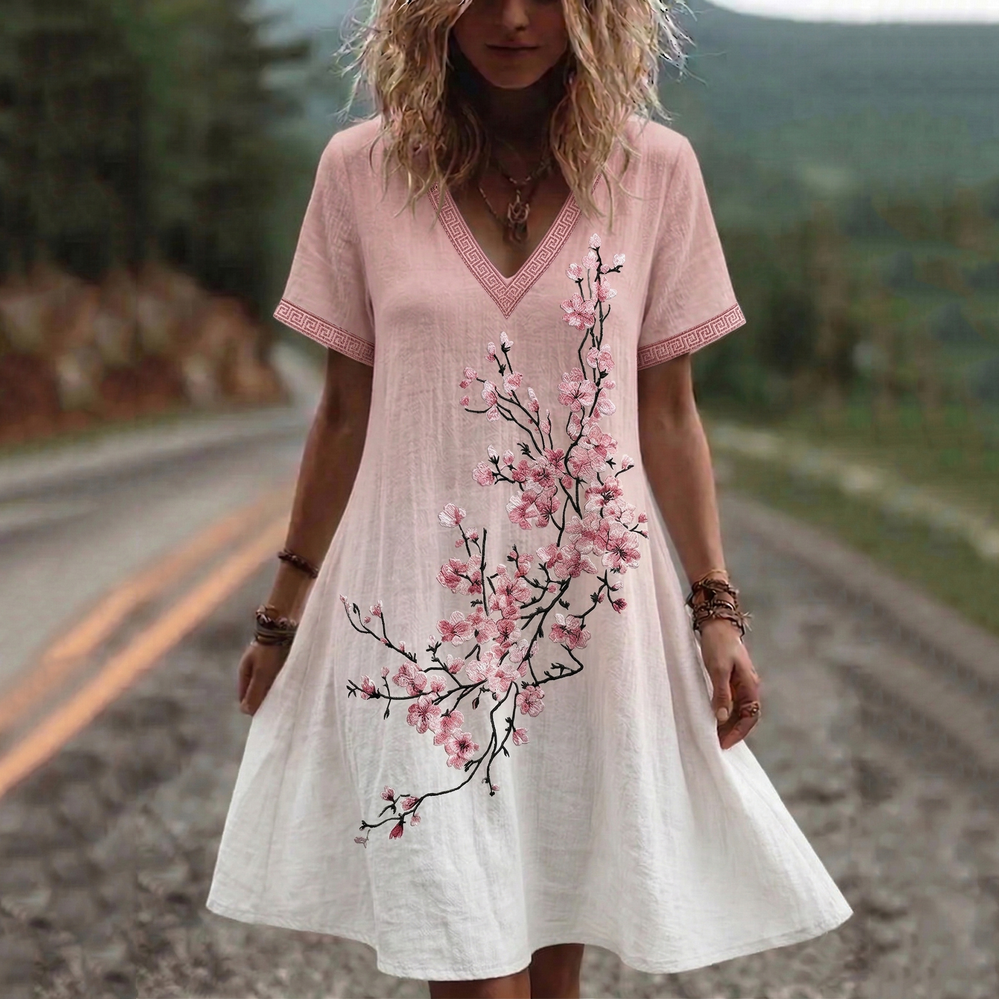 Women's Retro Cherry Blossom Gradient Design Short Sleeve Mini Dress elevenforest