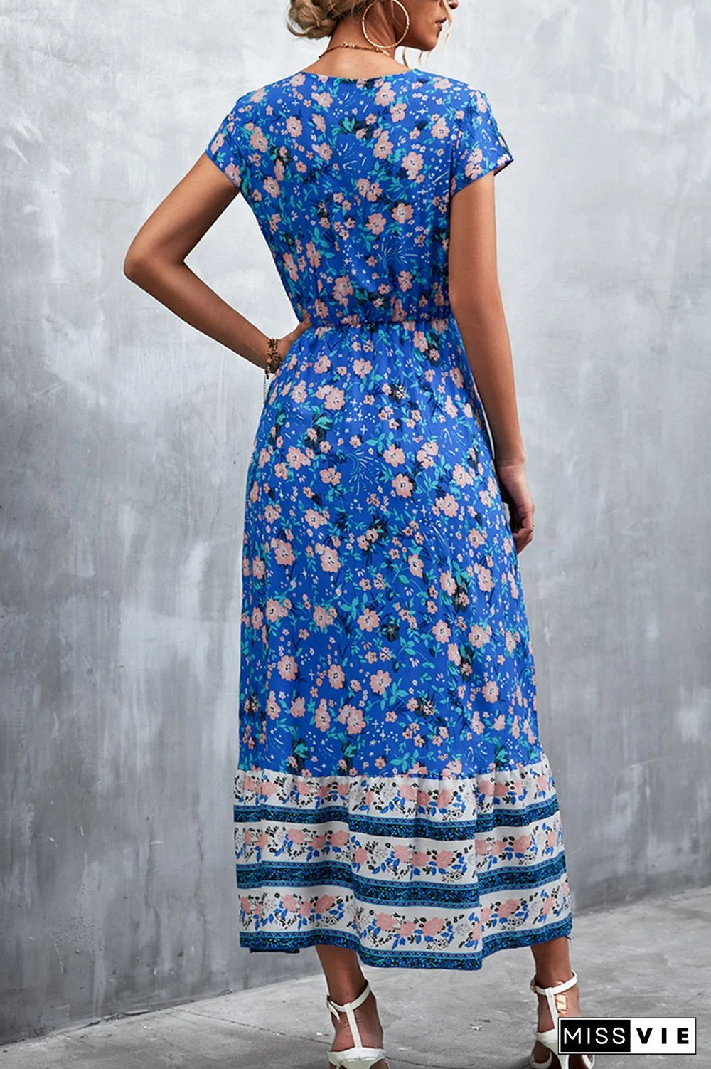 Floral Print Short Sleeve Long Dress Wholesale