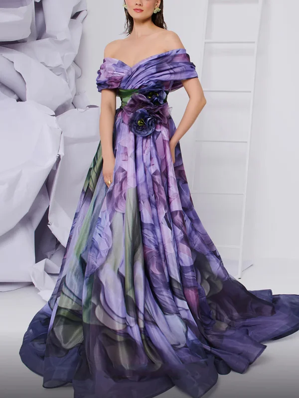 A-line Pleated Long formal Printed Evening Gown