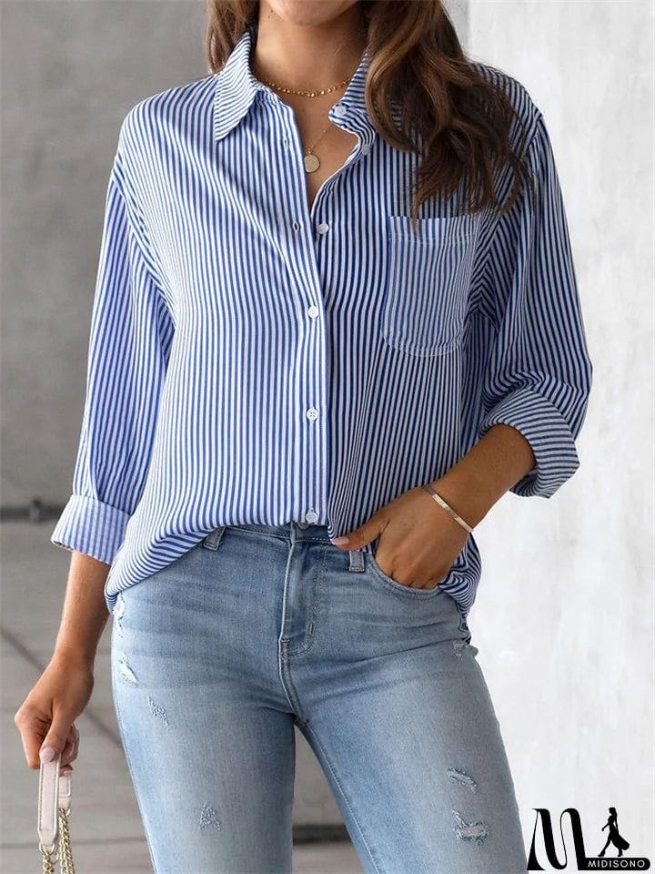 MidiSono - Autumn Leisure Stripe Lapel Long Sleeve Plus Size Women Blouses