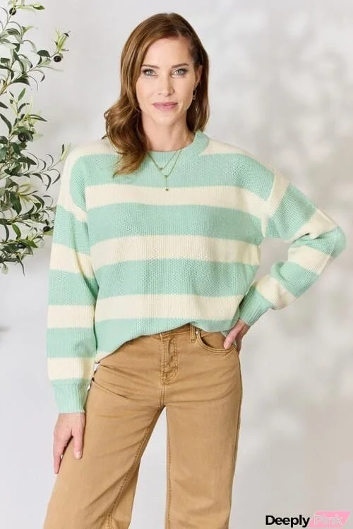 Sew In Love Full Size Contrast Striped Round Neck Sweater